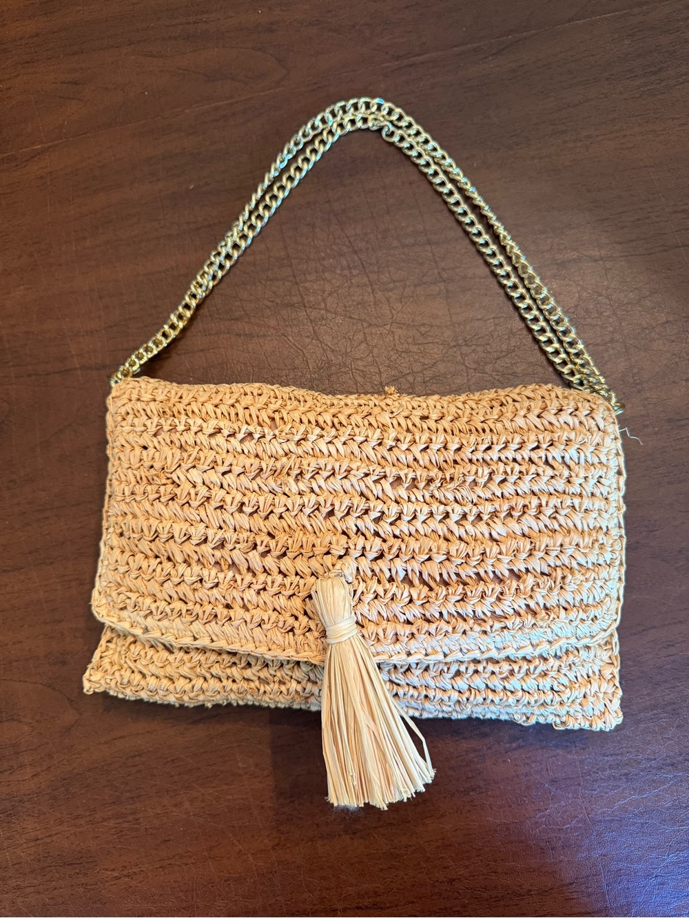 Braided Straw Tassel Clutch with Gold Chain - Natural